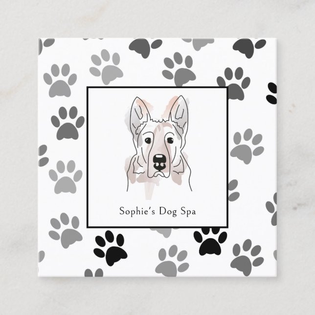 Dog And Paw Print Pattern Dog Grooming Spa Busines Square Business Card (Front)
