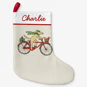 Dog and Squirrel on a Bicycle with Custom Text Small Christmas Stocking
