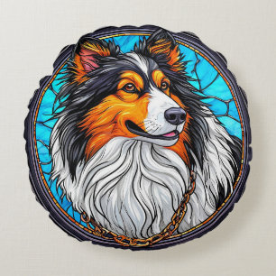 Dog Artistic Stained Glass Portrait Round Pillow