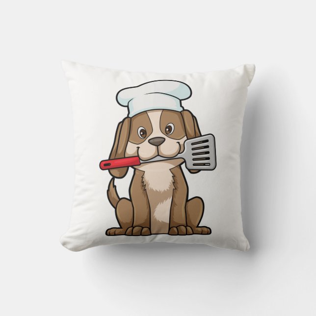 Dog as Cook with Chef's hat & Spatula Throw Pillow (Front)