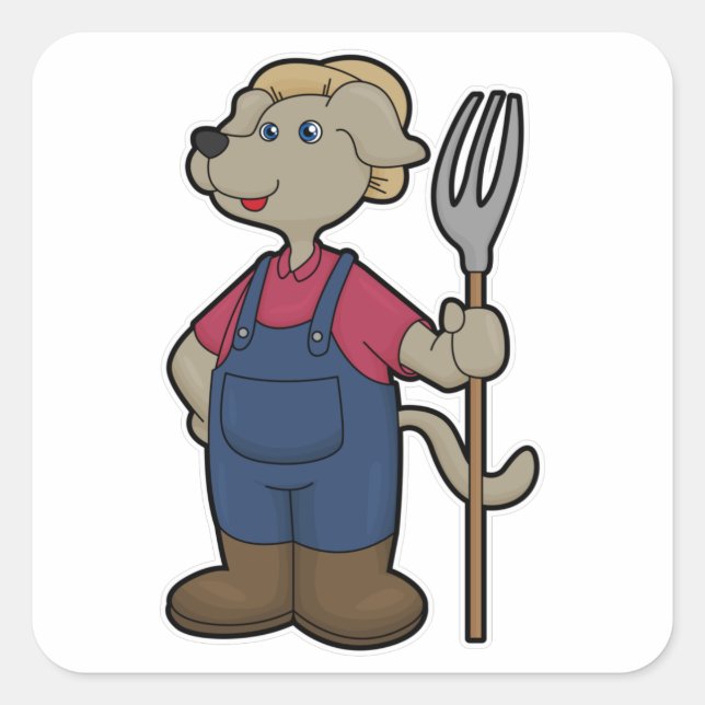 Dog as Farmer with Rake & Hat Square Sticker (Front)