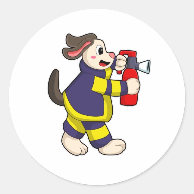 Dog as Firefighter with Fire extinguisher Classic Round Sticker (Front)