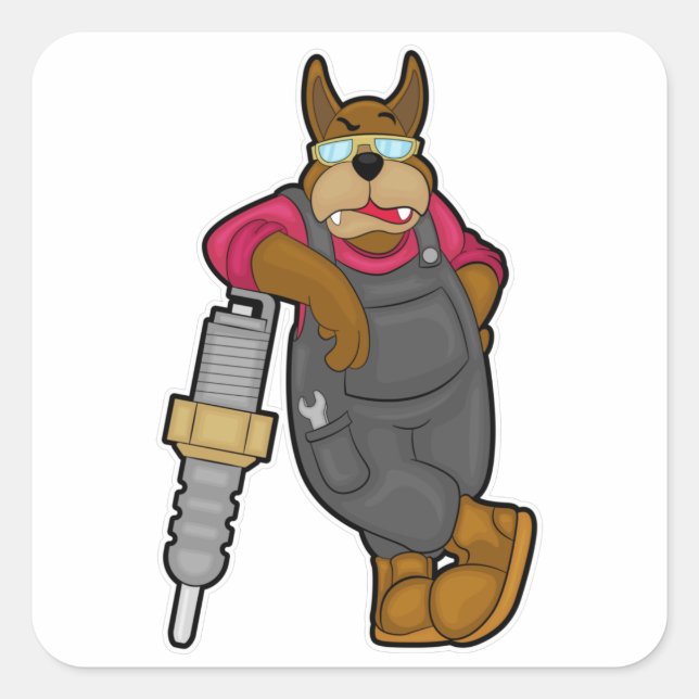 Dog as Mechanic with Spark plug Square Sticker (Front)