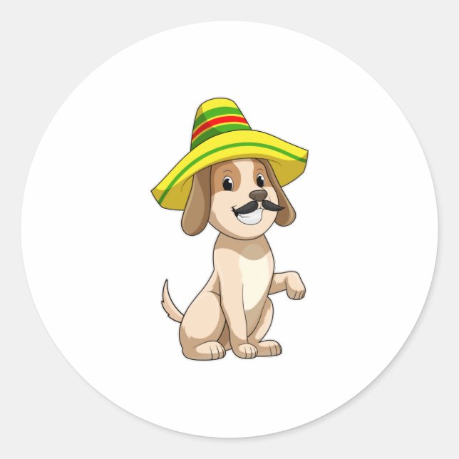 Dog as Mexican with Straw hat Classic Round Sticker (Front)