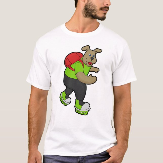 Dog as Skater with Inline skates & Backpack T-Shirt (Front)