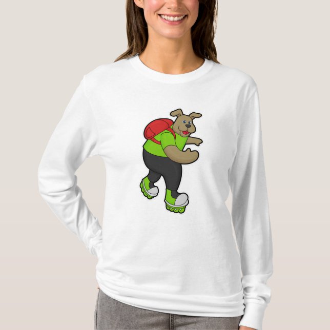 Dog as Skater with Inline skates & Backpack T-Shirt (Front)