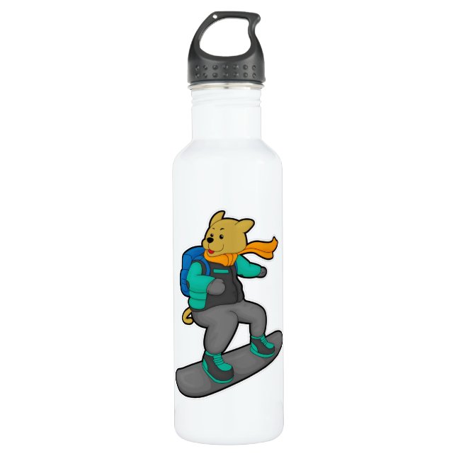 Dog as Snowboarder with Snowboard & Backpack 710 Ml Water Bottle (Front)