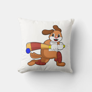 Dog at Cricket with Cricket bat Throw Pillow