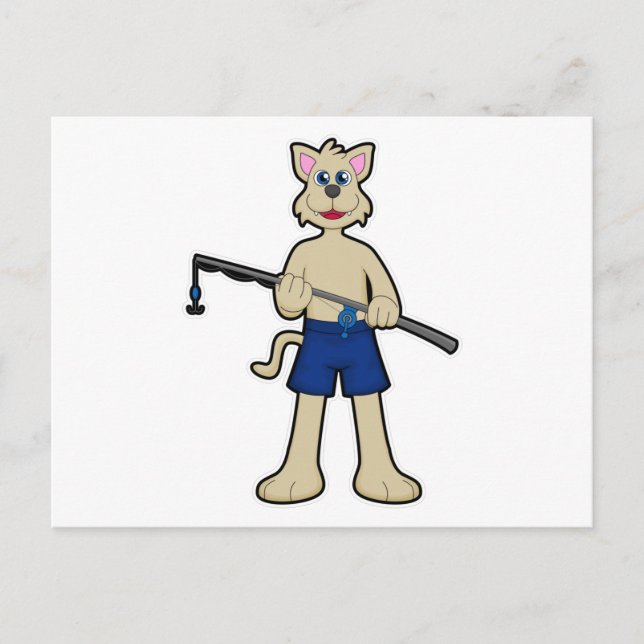 Dog at Fishing with Fishing rod & Fish Postcard (Front)