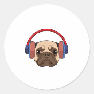 Dog at Music with Headphone Classic Round Sticker