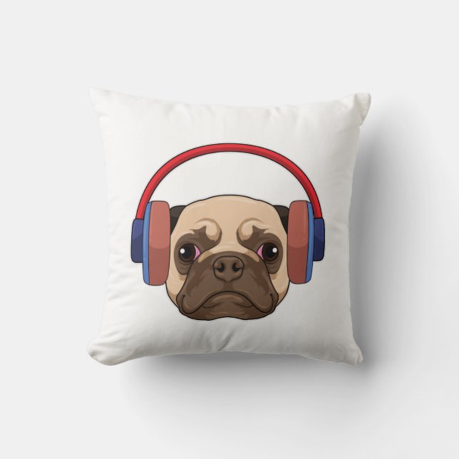 Dog at Music with Headphone Throw Pillow (Front)