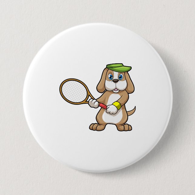 Dog at Tennis with Tennis racket & Cap 3 Inch Round Button (Front)