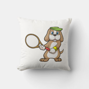 Dog at Tennis with Tennis racket & Cap Throw Pillow