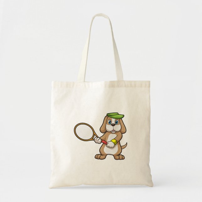 Dog at Tennis with Tennis racket & Cap Tote Bag (Front)