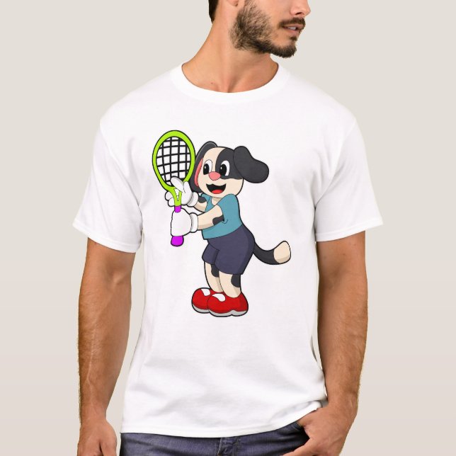 Dog at Tennis with Tennis racket T-Shirt (Front)