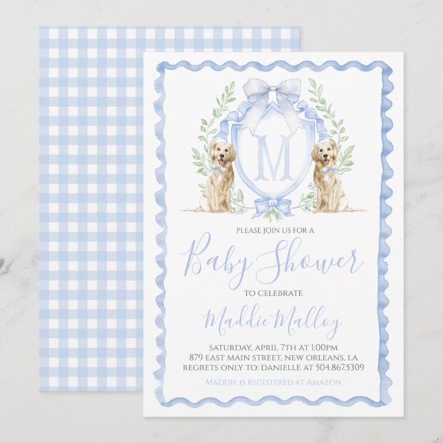 Dog Baby Shower Preppy Boy Puppy Blue Gingham Invitation (Front/Back)