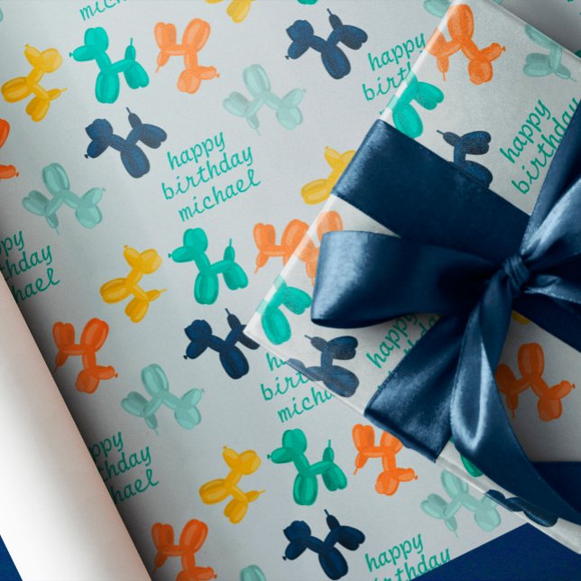 Dog Balloon Pattern Custom Name Kids Birthday  Wrapping Paper (Creator Uploaded)