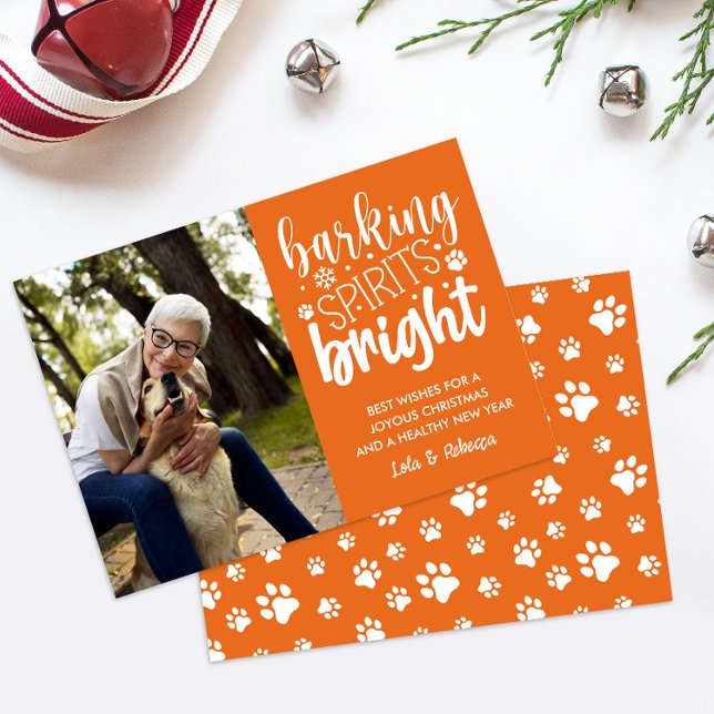 DOG BARKING SPIRIT BRIGHT PAWS ORANGE CHRISTMAS  HOLIDAY CARD (SAVE MONEY SEND DIGITAL DOWNLOAD CHRISTMAS CARD WITH DOG THEME FOR ALL PUPPY LOVER OR DOG OWNER)