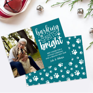 DOG BARKING SPIRIT BRIGHT PAWS TEAL CHRISTMAS HOLIDAY CARD
