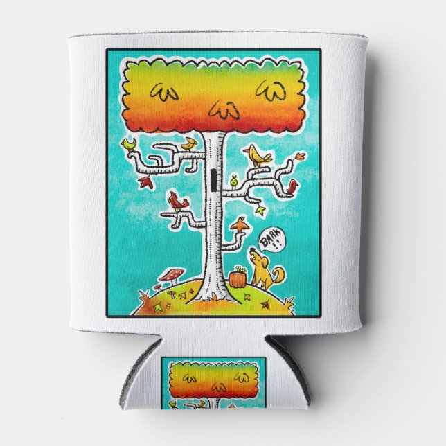 Dog Barking up Autumn Birch Tree with Birds Can Cooler (Front)