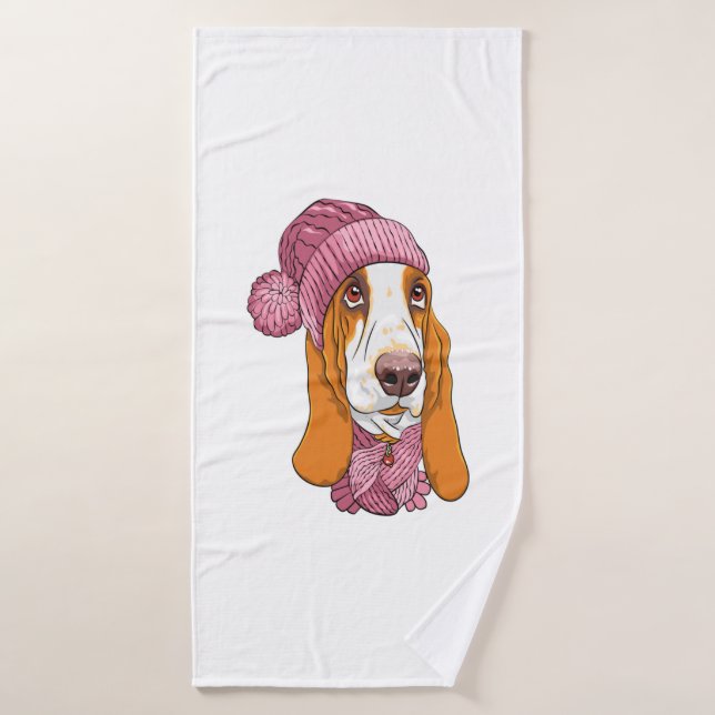 dog Basset Hound breed in knitted hat  Bath Towel (Bath Towel)