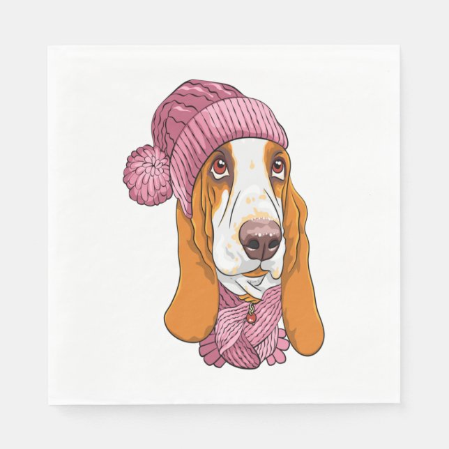 dog Basset Hound breed in knitted hat  Napkin (Front)
