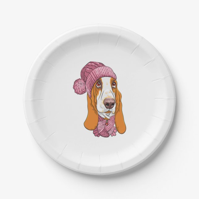 dog Basset Hound breed in knitted hat  Paper Plate (Front)