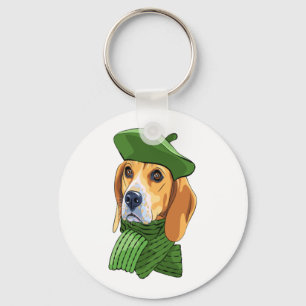 Dog Beagle in green French beret  Keychain