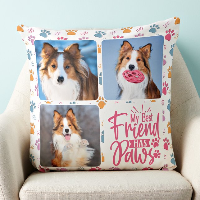 Dog Best Friend Custom 3 Photo Colourful Paw Print Throw Pillow (Creator Uploaded)