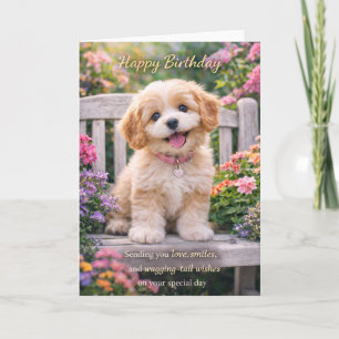 Dog Birthday Card – Cute Puppy Garden Bench