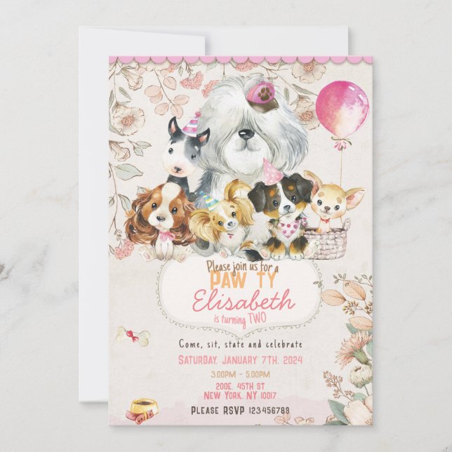 Dog Birthday Invitation Printable, girl Invitation (Devant)