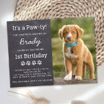 Dog Birthday Party Custom Photo Puppy Invitation Postcard<br><div class="desc">Puppy Pawty ! Host your puppy or dogs birthday with this simple rustic slate chalkboard and paw print design dog birthday party invitation card. Add your pup's favourite photo and personalize with name, age birthday, and all puppy birthday party info! This simple rustic chalkboard dog birthday invitation design is perfect...</div>