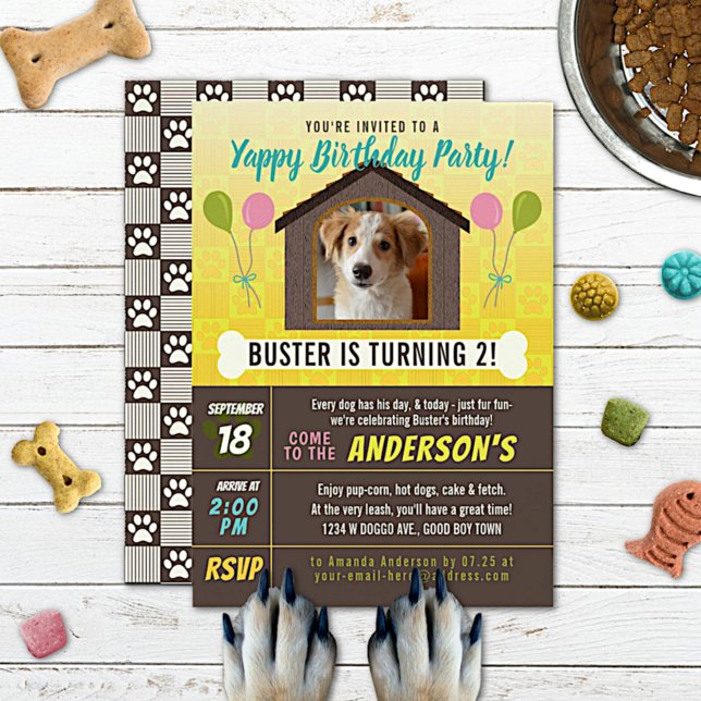 Dog Birthday Party Dog House and Paws Custom Photo Invitation (Creator Uploaded)