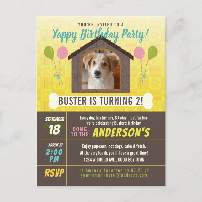 Dog Birthday Party Dog House and Paws Custom Photo Invitation Postcard (Front)