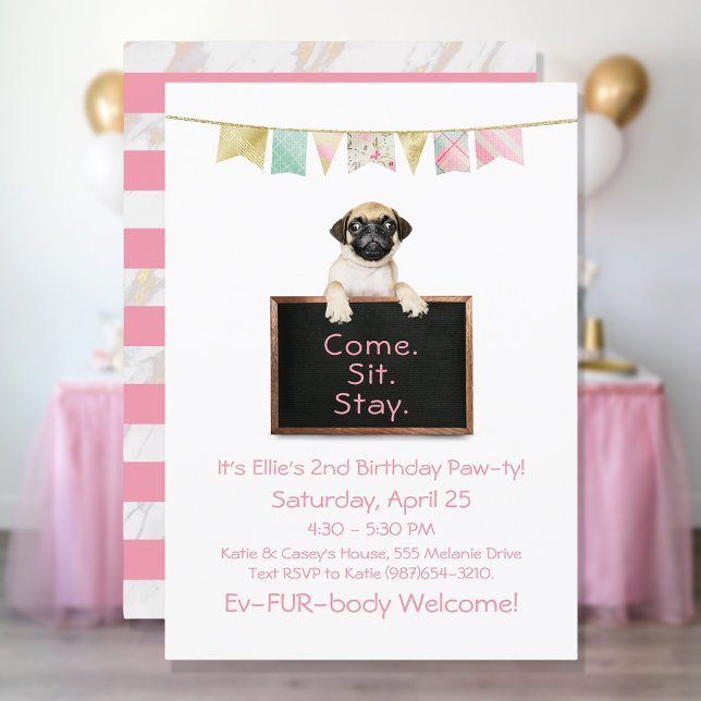 Dog Birthday Party For Girl Pug Invitation (Creator Uploaded)