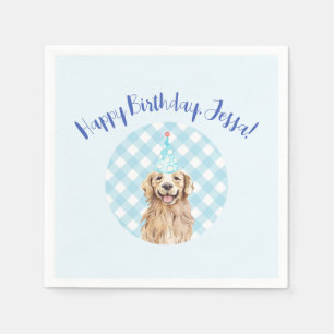 Dog Birthday Party Personalized Napkins Blue Plaid
