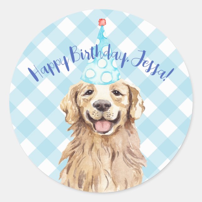 Dog Birthday Party Personalized Sticker Gingham (Front)