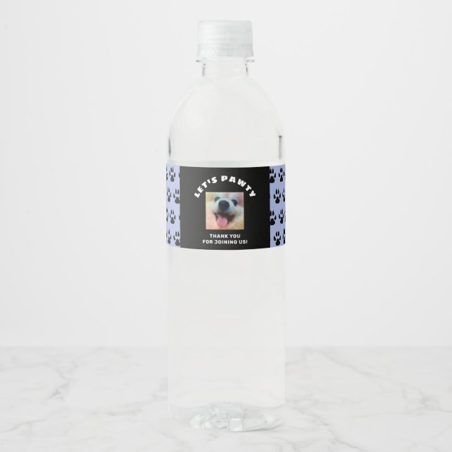 Dog Birthday Party Pet Photo Blue Paw Prints Water Bottle Label (Front)