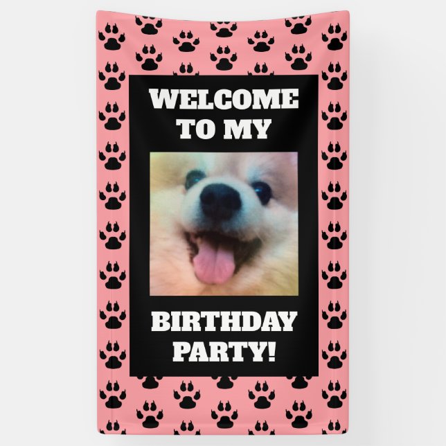 Dog Birthday Party Pink Black Paw Prints Photo Banner (Vertical)