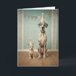 Dog Birthday Party Portrait Duo Card<br><div class="desc">Two dogs sit side by side wearing festive party hats in a charming vintage-style room. The contrast between the large spotted dog and the tiny companion adds a playful balance to the scene. Soft pastel walls, bunting decorations, and warm wooden floors create a cozy celebration setting, capturing a delightful moment...</div>