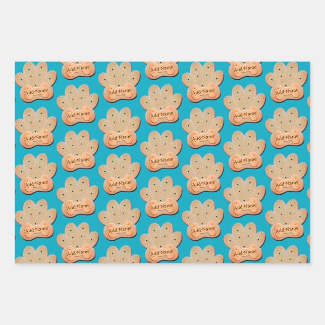 Dog Biscuit Pawprint and Bone Art Blue Wrapping Paper Sheet (Front 3)