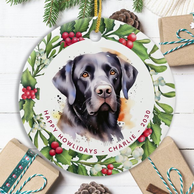 Dog Black Labrador Personalized Wreath Christmas Ceramic Ornament (Creator Uploaded)