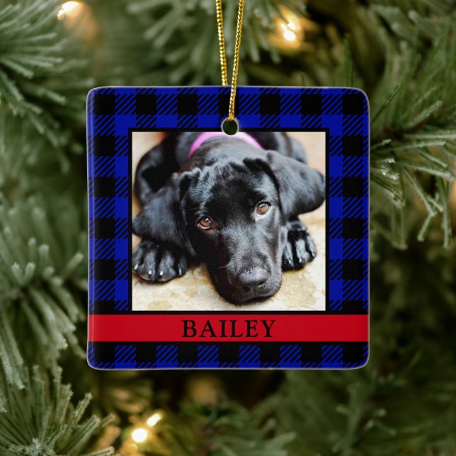 Dog Blue Buffalo Check Photo Ceramic Ornament (Tree)
