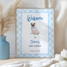 Dog Blue Gingham Baby Shower Welcome Sign