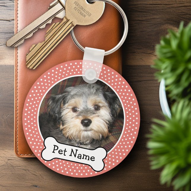 Dog Bone and Coral Polka Dot Pet Photo Frame Keychain (Personalized Keychain - Add Your Pet Dog Photo)