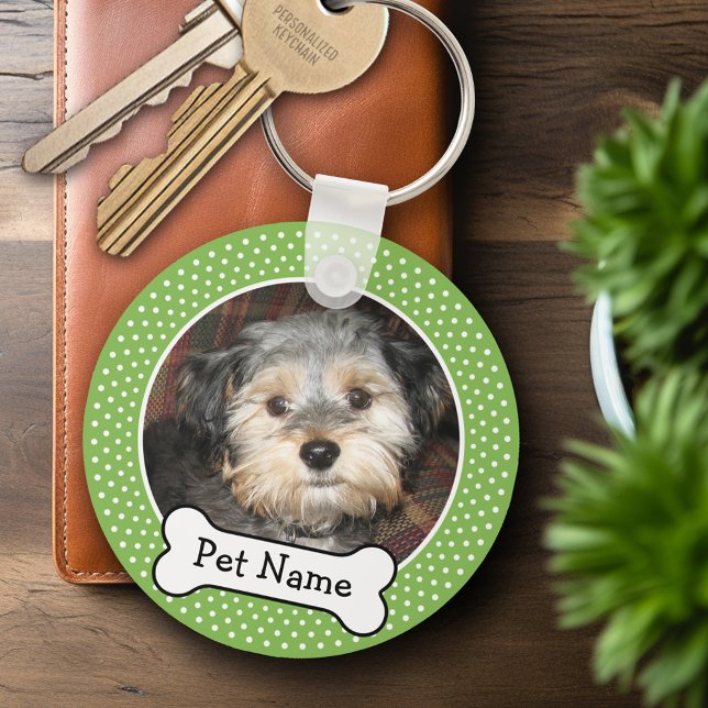 Dog Bone and Polka Dot Pet Photo Frame Keychain (Personalized Keychain - Add Your Pet Dog Photo)
