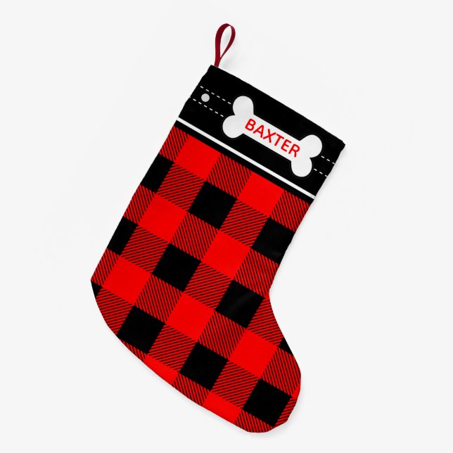 Dog Bone Christmas Red Flannel Plaid Small Christmas Stocking (Front (Hanging))