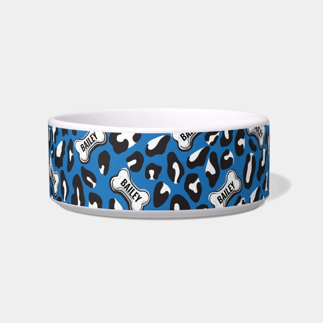 Dog Bone Leopard Print Custom Pet Name Blue Black Bowl (Front)
