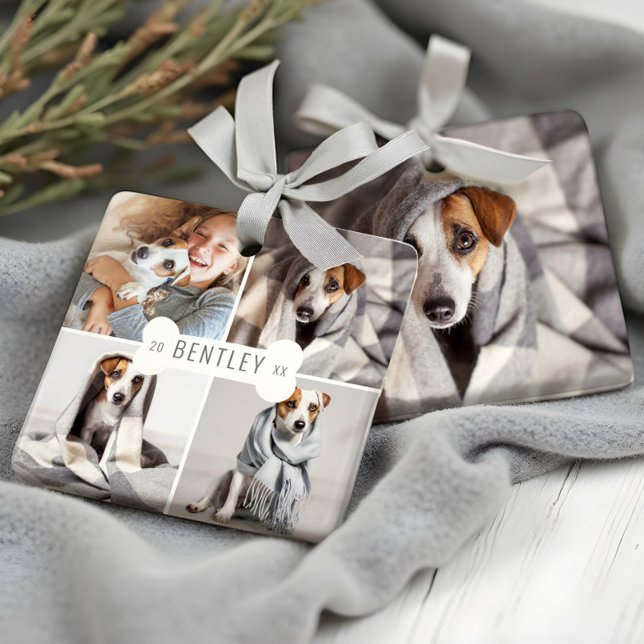 Dog Bone Modern Four Photo Pet Collage Ceramic Ornament (Dog Bone Modern Four Photo Pet Collage Ceramic Ornament)