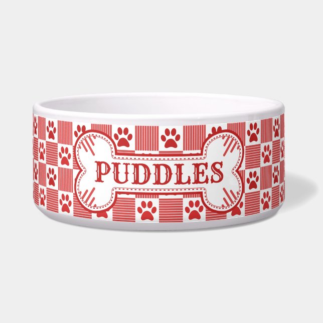 Dog Bone Name Red Paw Print Gingham | Personalized (Front)